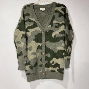 Lucky Brand Sweater Women's Sz S Green Camouflage Wool Blend Button Up Cardigan